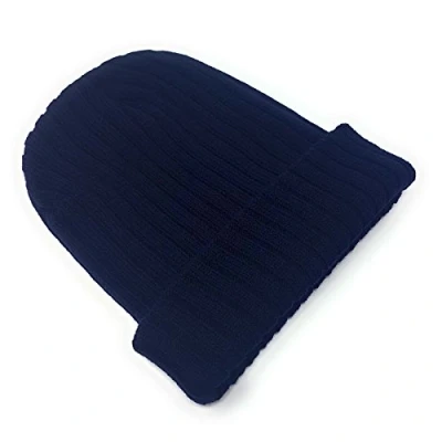Image of Ribbed Beanie Hat Mens Ladies Womens Unisex Slouch Winter Woolly Turn Up Knitted (Navy Blue)
