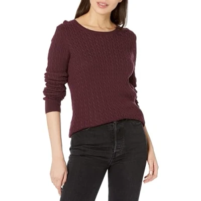 Image of Amazon Essentials Women&#039;s Lightweight Long Sleeved Cable Crewneck Sweater (Available in Plus Size), Burgundy, S