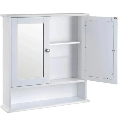 Image of Bathroom Cabinet Mirrored With Double Doors, Organiser Wall Mounted, Adjustable Shelves, Modern Storage Cupboard Furniture, White (58 * 56 13cm) (HYH165)