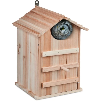 Image of Relaxdays Owl Nesting Box, Fir Wood, Weatherproof, Hinged, Bird House, Hanging Outside, HWD: 38.5 x 25 28 cm, Natural, 1 Item