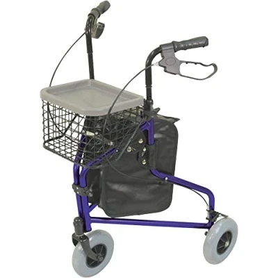 Image of Aidapt Blue Folding Light Weight Aluminium 3 Wheeled Tri Walker Rollator Mobility Aid with Carry Bag, Basket, Tray and Lockable Brakes for Indoor Outdoor use.