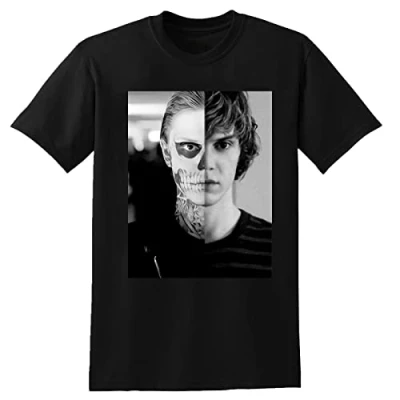 Image of Evan Peters Skull AHS Roanoke Poster T Shirt Graphic Printed Mens Black Unisex Tee M