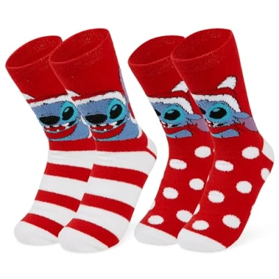 Image of Disney Stitch Slippers Socks Women 2 Pack Fluffy Non Slip Fleece Bed Minnie Mickey Mouse Baby Yoda (Red Stitch)