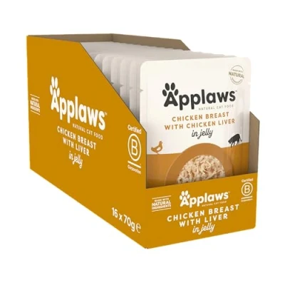 Image of Applaws Natural Wet Adult Cat Food, Chicken with Liver in Jelly, 70g Pouch (Pack of 16 Pouches)