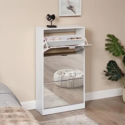 Image of [en.casa] shoe cabinet Kragerø tipper for 18 pairs chest with mirrored door 3 tilt doors entrance, hallway 115x60x24 cm White