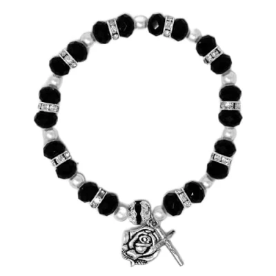 Image of Black Miraculous Medal Rosary Bracelet, Decade and Cross, Catholic Jewellery &amp; Lourdes Prayer Card