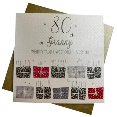 Image of white cotton cards 80 Wishing you a Wonderful Granny Handmade 80th Birthday Card, White, bdp80
