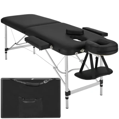 Image of TecTake Lightweight Portable massage Table, Comfortable 2 section Padded Folding Spa Bed, adjustable bed including accessories, aluminium headrest, armrest and storage bag black