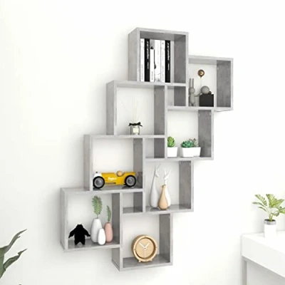 Image of Susany Wall Cube Shelf Mounted Floating Shelves Shelving Unit Decor Storage Display for Bedrooms, Offices Living Rooms &amp; Kitchens 90x15x119 cm Chipboard Concrete Grey