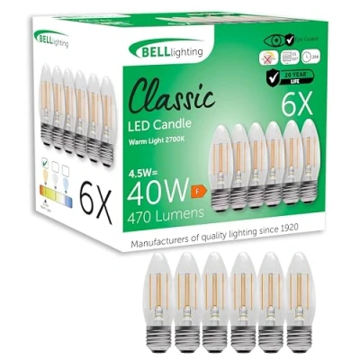 Image of Bell Lighting E27 Edison Screw Cap Filament Light Bulb LED Candle 6 Pack Warm White 2700K 470 Lumen 4.5W Energy Saving 40W Halogen Lamp Equivalent Non Dimmable