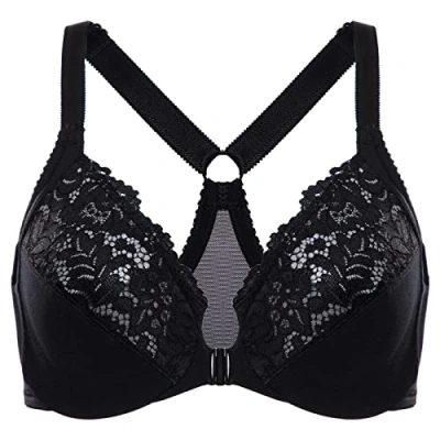 Image of Delimira Women&#039;s Front Fastening Bra Racer Back Lace Plus Size Non Padded Underwired Black 36F