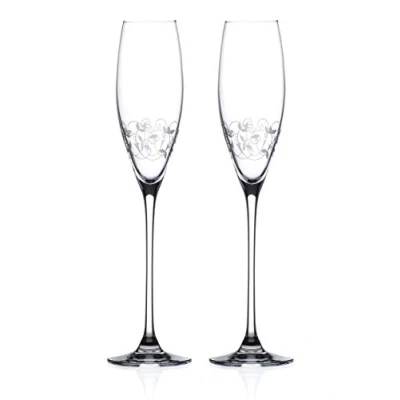 Image of DIAMANTE Champagne Flute Glasses Pair with delicate Filigree Etched Design