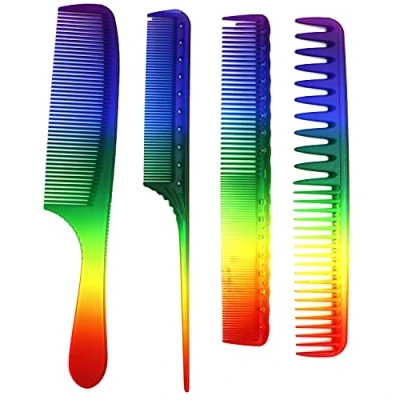 Image of Hair Comb Set Rainbow Styling Salon Barber Cutting Brush Detangling Rat Tail 4 Pack Hairdressing Daily Care Accessory for Kids Girls Women Gifts