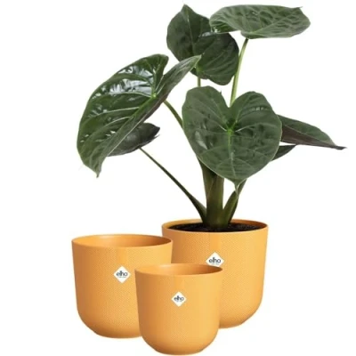 Image of elho Jazz Round Flower Pots Indoor Plant 100% Recycled Plastic Unique Structure Set of 3 Ø 14, 16, 19 cm Yellow/Amber Yellow