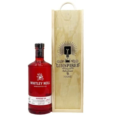 Image of Personalised Whitley Neill Raspberry Gin Gift Set in Wooden Presentation Box 70cl (40% ABV) Gifts for Women, Birthday, Her, Pamper Women
