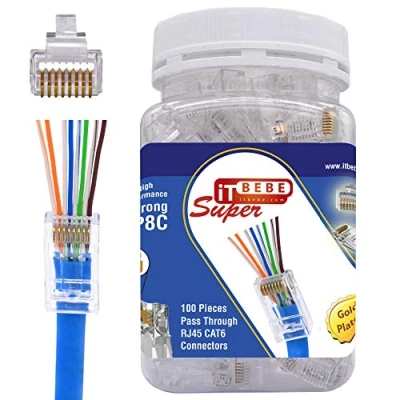 Image of ITBEBE 100 Pack RJ45 Cat6 Pass Through Connectors High Performance Connector (RJ45 Connectors/Ethernet / 8P8C Cat 6 Ends Ends) for 24 AWG Ethernet Cable