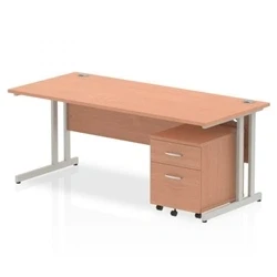 Image of Impulse 1800x800 Desk Beech Top Silver Cantilever Leg+ Mobile Ped