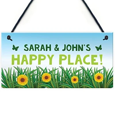 Image of RED OCEAN Personalised Garden Signs And Plaque HAPPY PLACE Summerhouse Sign Home Decor