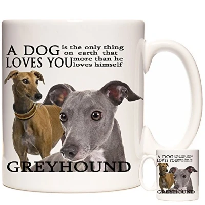 Image of Greyhound Mug. A Dog Loves You. Gift for Owners. Coffee Mug, 11oz Ceramic Mug with Pictures of Greyhounds. Photo