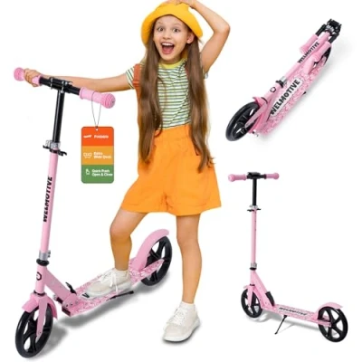 Image of Kick Scooter for Kids Ages 6+, Teens &amp; Adults, Adjustable Handlebars, Rear Brake, Big Wheel Foldable Indoor Outdoor (Pink)