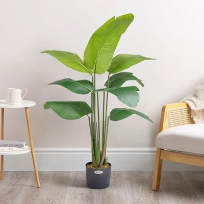 Image of CHRISTOW Artificial Banana Tree, Indoor Outdoor House Plant Decoration, Lifelike Feel Real PEVA Leaves, Pre Potted in Weighted Faux Cement Pot with Moss, For Living Room Bedroom Office (4ft/120cm)