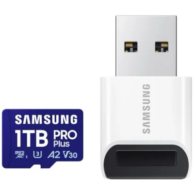 Image of Samsung PRO Plus (2024) microSD Card + USB Reader, 1TB, UHS I U3, Full HD &amp; 4K UHD, 180MB/s Read, 130MB/s Write, Memory for Smartphone, Action Cam, Handheld Console, MB MD1T0SB/WW