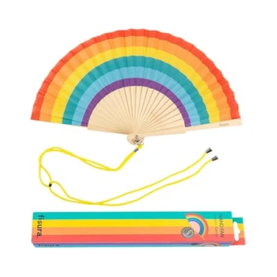 Image of Fisura Pattern Original handheld folding fan. wooden holding Hand Fans. Birthday Gifts Wedding Party Decoration. Fan with hanger included (Rainbow, multicoloured)