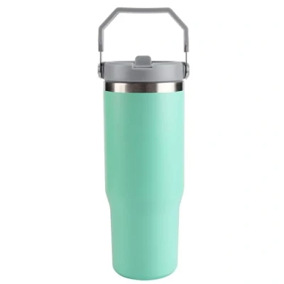 Image of Belle Vous Stainless Steel Tumbler with Straw Lid and Handle 880ml/30oz Double Walled Insulated Thermal Mug Travel Coffee Cup for Hot Cold Drinks Portable Vacuum Water Bottle Light Blue