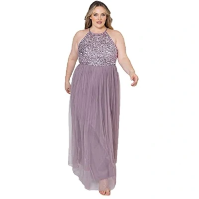 Image of Maya Deluxe Women&#039;s Ladies Bridesmaid Maxi Dress Halter Neck Sequin Embellished Prom Graduation Wedding, Moody Lilac, 16