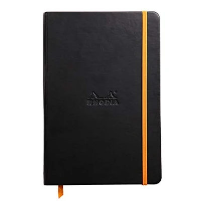 Image of RHODIA 118742C Black Rigid Notebook A5 Lined 192 pages Ivory Clairefontaine Paper 90 g/m Bookmark, Elastic Closure Faux Leather Cover Rhodiarama Collection