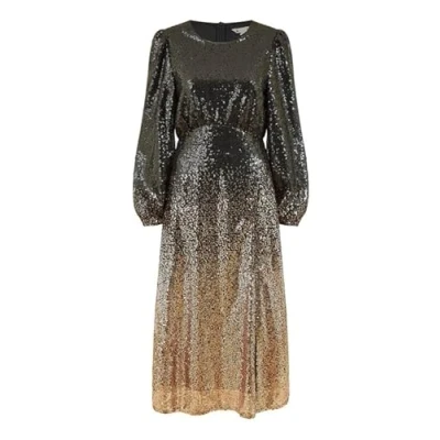 Image of Yumi Womens Black And Gold Sequin Ombre Long Sleeve Midi Dress Size 10 UK
