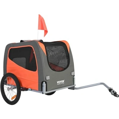 Image of VEVOR Dog Bike Trailer, Supports up to 66 lbs, Pet Cart Bicycle Carrier, Easy Folding Frame with Quick Release Wheels, Universal Coupler, Reflectors, Flag, Collapsible Store, Orange/Gray