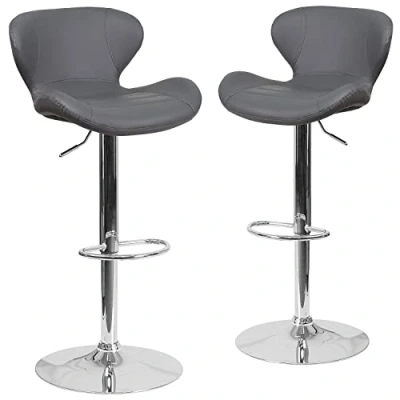 Image of Flash Furniture 2 Pack Contemporary Adjustable Height Barstool with Curved Back and Chrome Base, Metal, Plywood, Foam, Gray Vinyl, Set of