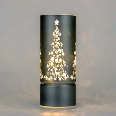 Image of SHATCHI 22cm Christmas Decorated Vase Table Lamp Etched Glass Tube Xmas Grey Cylinder LED Fairy Lights Battery Operated Decoration