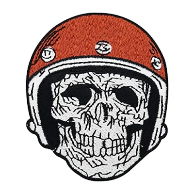 Image of Skull with Motorcycle Helmet Iron On Patch Biker Patches for Leather Vests, Motifs Finally Home