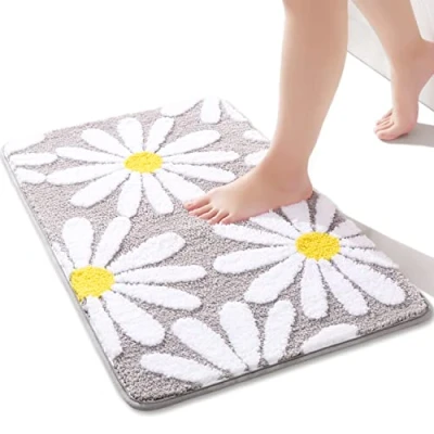 Image of QJHOMO Grey Bath Mat White Flower Rug 40 x 60 cm, Non Slip Mats for Bathroom, Soft Microfiber Bathroom Mat, Machine Washable Durable Bathmat, Super Absorbent Floor Shower