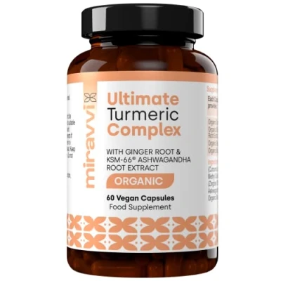 Image of Miravvi Organic Turmeric Complex with KSM 66 Ashwagandha, Ginger Root and Black Pepper Supplement Ayurveda Formula Vegan High Strength Made in The UK 60 Days Supply