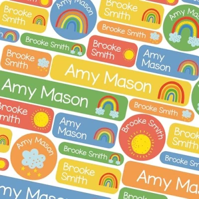 Image of 50 Name Labels for Kids No Iron Tags Clothes Stickers Water Bottles, School Uniform, School, Nursery, Care Homes, Washable and Dishwasher Safe Children (Bright Rainbows)