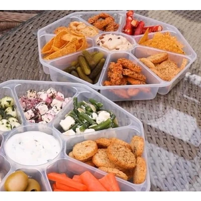 Image of 8 Section Nibble Tray with lid Plastic Serving Platter for Party Food Reusable Buffet Snack Trays Eight Compartment Dishes. Set of 2.