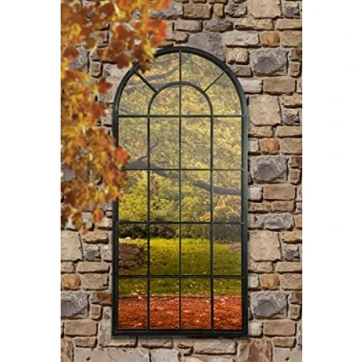 Image of MirrorOutlet Milton manor Black Multi Panel Arched Window Garden Outdoor Mirror 4ft7 x 2ft2 147cm 65cm, GMA017 M, Frameless