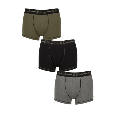 Image of Mens 3 Pack Pringle Combed Cotton Trunks Black / Khaki S