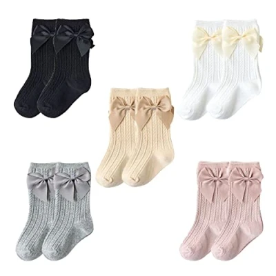 Image of FedMois 5 Pairs Baby Girls Knee High Long Socks Cotton Knitted Stocking, 0 12 Months