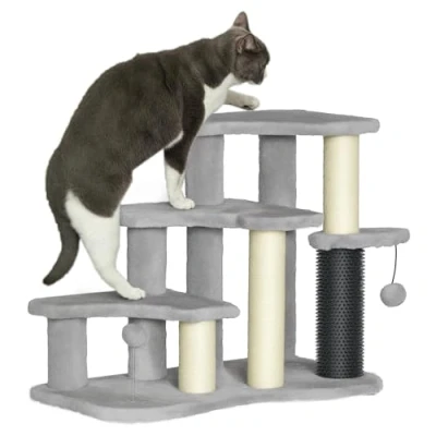 Image of PawHut 50cm Cat Tree for Indoor Cats, 2 in 1 Tower, 3 Step Dog Pet Stairs, Climber Ladder Bed, Sofa, Couch, with Scratching Posts, Ticking Post, Toy Balls, Light Grey