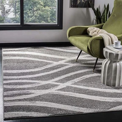 Image of SAFAVIEH Modern Wave Distressed Rug for Living Room, Dining Bedroom Adirondack Collection, Short Pile, in Charcoal and Ivory, 155 X 229 cm