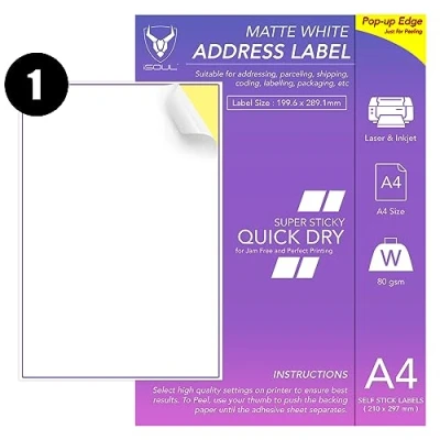 Image of Sticker Paper for Printer A4, Printable Paper,100 Sheets A4 Printing White Matte Self Adhesive Address Labels 1 Label Per Sheet