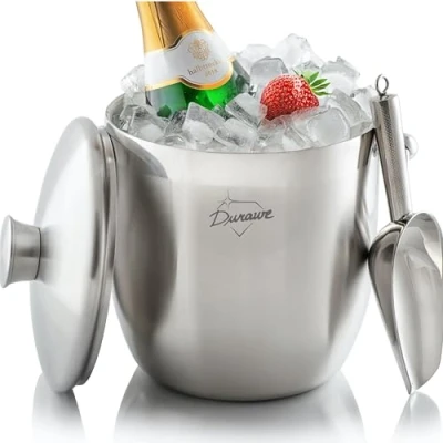 Image of 3L Insulated Ice Bucket, Champagne Bucket with Lid and Tongs, Stainless Steel, Strainer, Scoop, Large Buckets for Parties, Champagne, Drinks Beer Wine