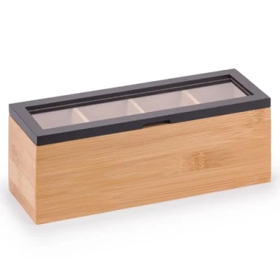 Image of Woodluv Tea Box, Bag Organiser, Box for Bags, Holder, Caddy, 4 Section Black