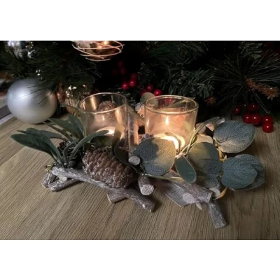Image of Marco Paul Alpine Sage Duo Tealight Holders Christmas Botanical Triple Tea Light Candle Decorations Rustic Lighter Votive Holder