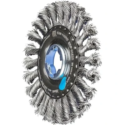 Image of PFERD Round Brush, 115 X 12 mm, Knotted, 0.50 mm Stainless Steel Wire, Lock (22.23 mm), 43312036 for Quick and Comfortable Tool Changes