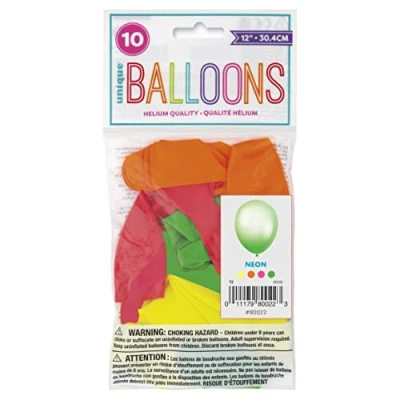 Image of Unique 80022 Latex Balloons 30 cm Assorted Neon Colours 10 Count (Pack of 1), Multicolour